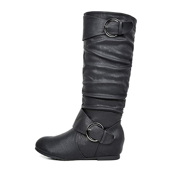 Wide Calf Fur-lined Low Hidden Wedge Boots - BLACK - 1