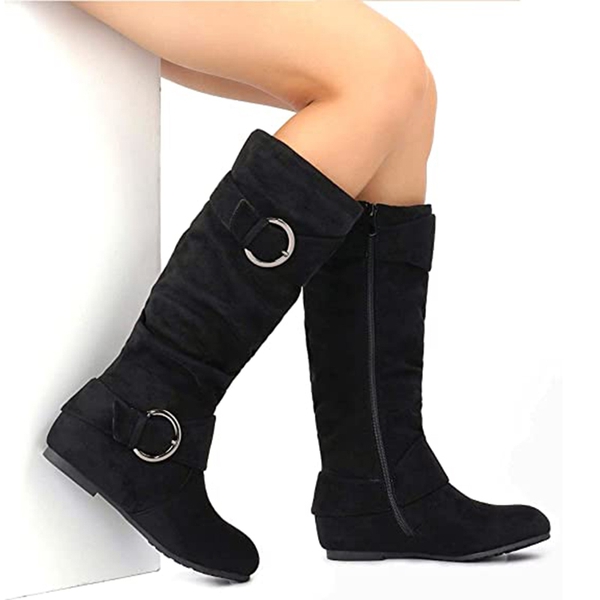 Wide Calf Fur-lined Low Hidden Wedge Boots - BLACK SUEDE - 5