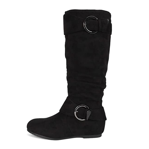Wide Calf Fur-lined Low Hidden Wedge Boots - BLACK SUEDE - 1