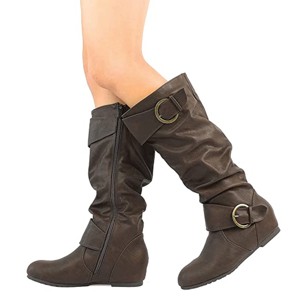 Wide Calf Fur-lined Low Hidden Wedge Boots - BROWN - 5