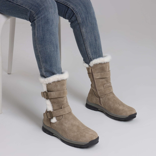 Black Leather Mid Calf Snow Boots - KHAKI - 1
