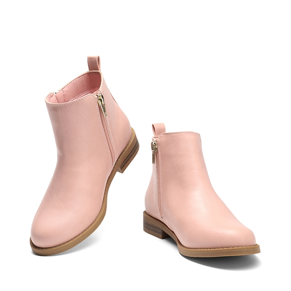 Kids Side Zipper Low Heel Ankle Boots - PINK PU - 4