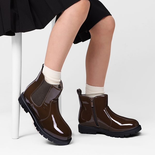 Side Zipper Kids Chelsea Boots - BROWN PAT - 1