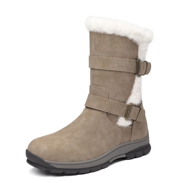 Black Leather Mid Calf Snow Boots - KHAKI -  0