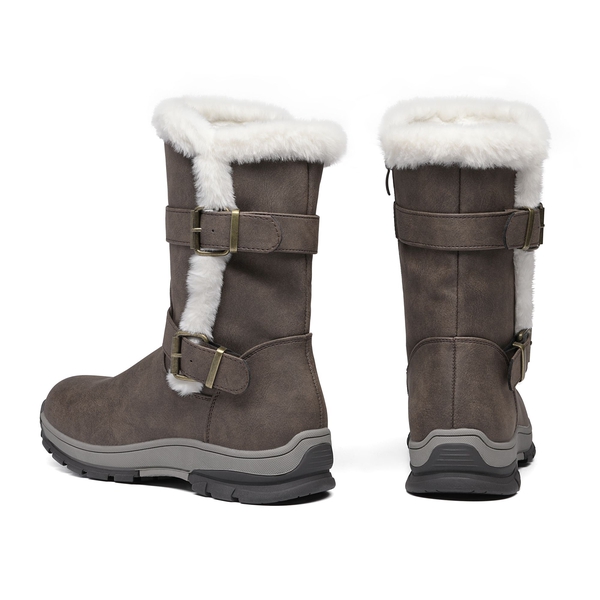 Black Leather Mid Calf Snow Boots - BROWN - 4