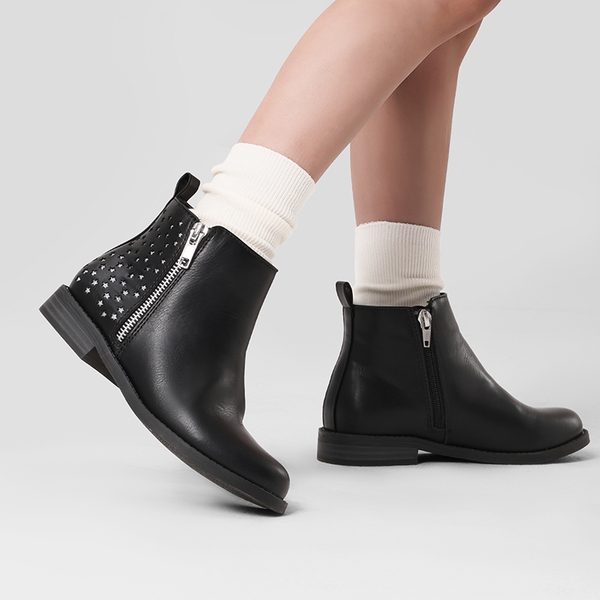 Kids Side Zipper Low Heel Ankle Boots - BLACK PU - 1
