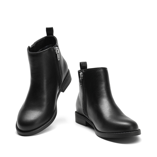 Kids Side Zipper Low Heel Ankle Boots - BLACK PU - 4