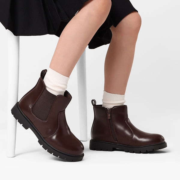 Side Zipper Kids Chelsea Boots - BROWN PU - 1