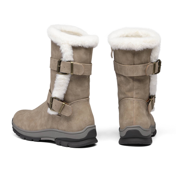 Black Leather Mid Calf Snow Boots - KHAKI - 4
