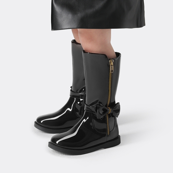 Bowknot Side Zipper Kids Riding Boots - BLACK PAT - 1