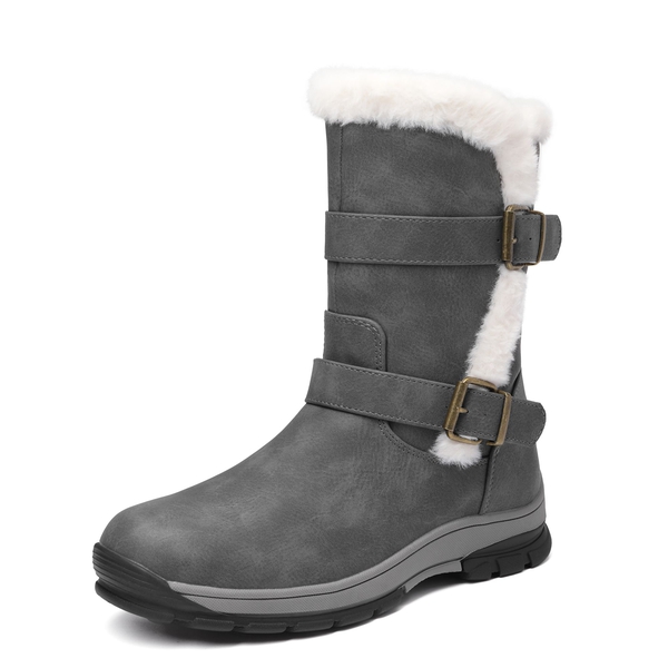 Black Leather Mid Calf Snow Boots - GREY -  0