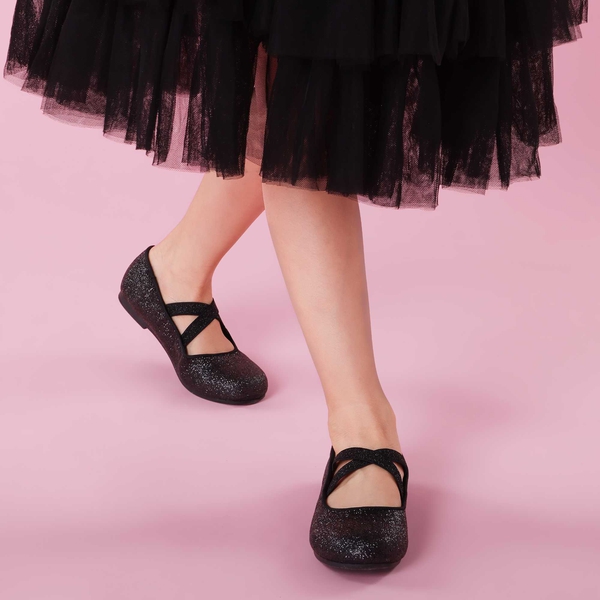 Girl's Elastic Strap Rhinestone Ballerina Flats - BLACK - 1