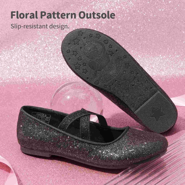 Girl's Elastic Strap Rhinestone Ballerina Flats - BLACK - 4