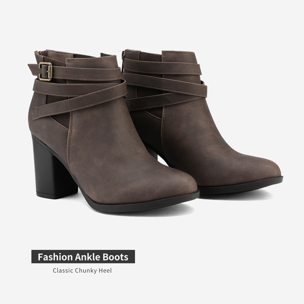 Stacked Mid Heel Chunky Ankle Booties - BROWN - 3