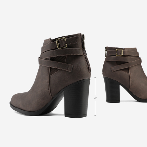 Stacked Mid Heel Chunky Ankle Booties - BROWN - 1