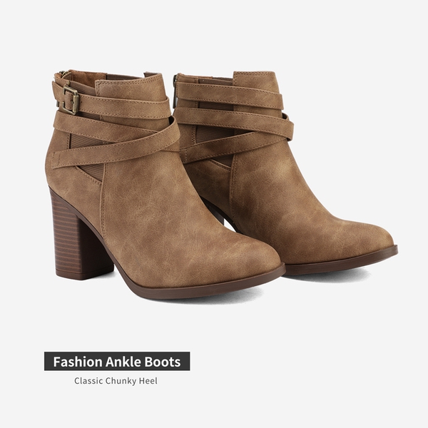 Stacked Mid Heel Chunky Ankle Booties - TAN - 3