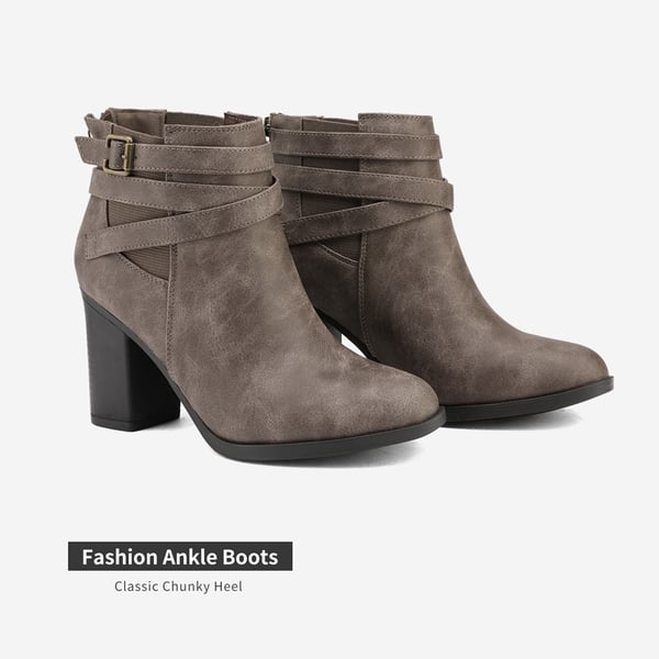 Stacked Mid Heel Chunky Ankle Booties - TAUPE - 3