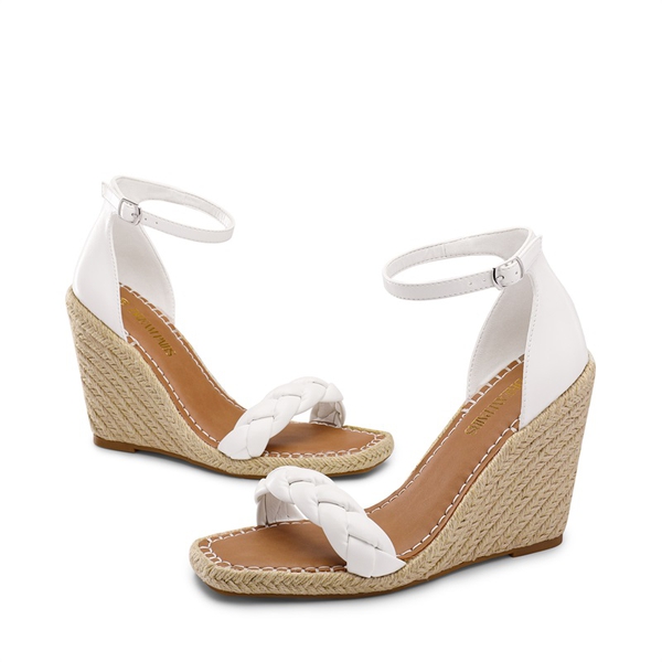 Espadrilles Braided Strap Square Toe Wedge Sandals - WHITE - 3