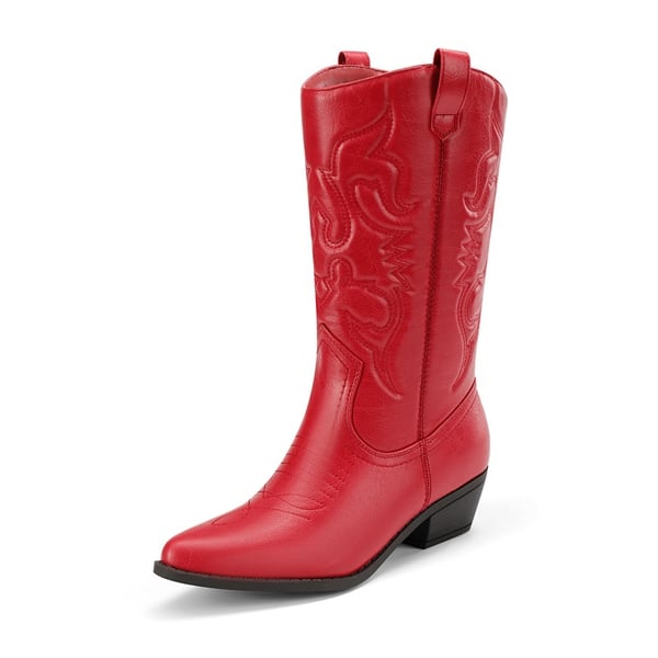Mid Calf Western Cowboy Boots - RED -  0