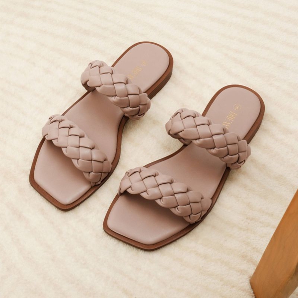Two Straps Square Toe Braided Flat Sandals - PINK - 5