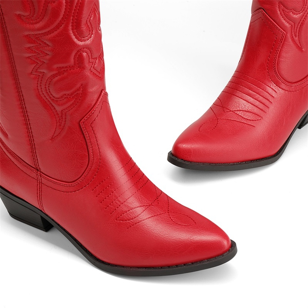 Mid Calf Western Cowboy Boots - RED - 4