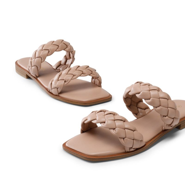 Two Straps Square Toe Braided Flat Sandals - PINK - 4