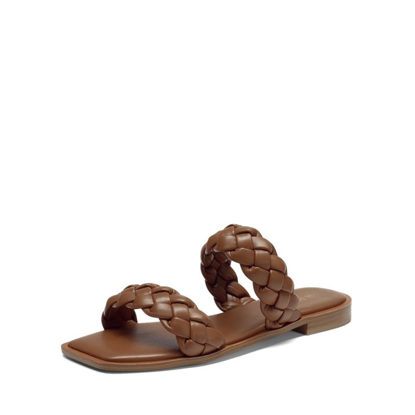 Two Straps Square Toe Braided Flat Sandals - BROWN -  0