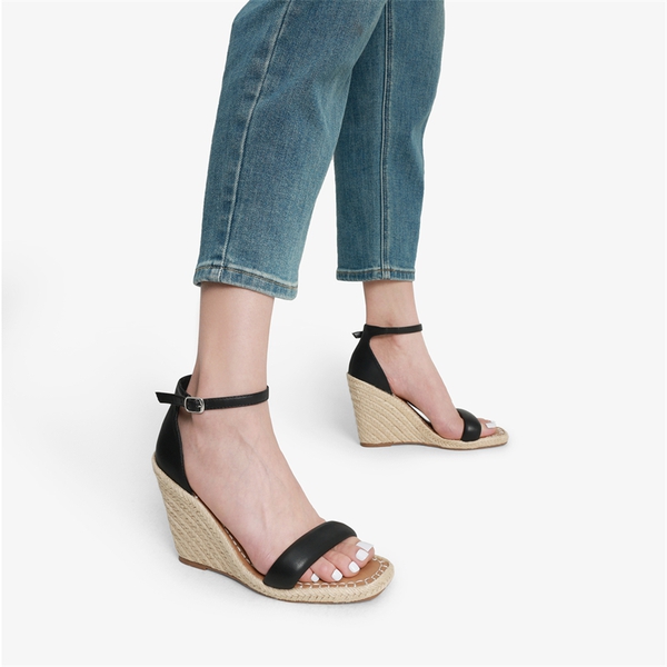 Espadrilles Square Toe Wedge Sandals - BLACK - 1