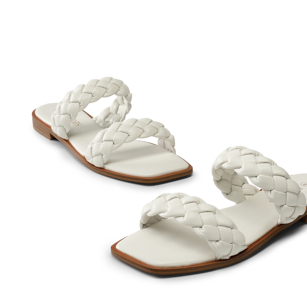 Two Straps Square Toe Braided Flat Sandals - WHITE - 3