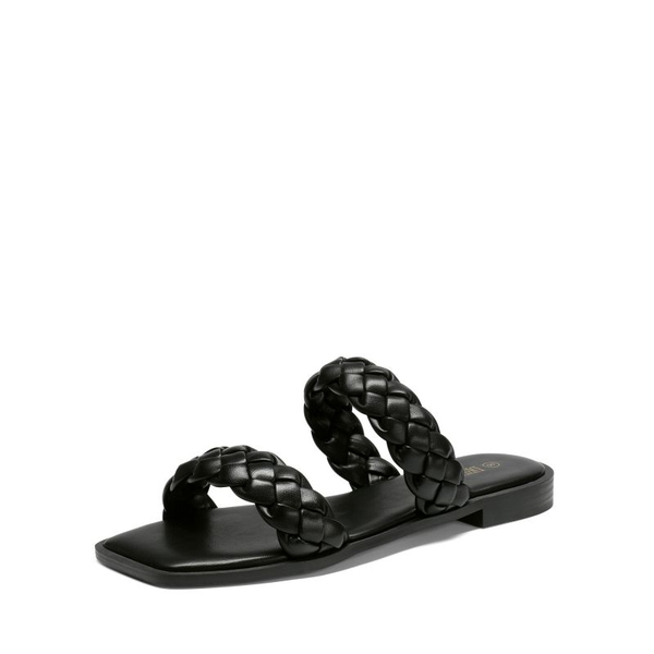 Two Straps Square Toe Braided Flat Sandals - BLACK -  0