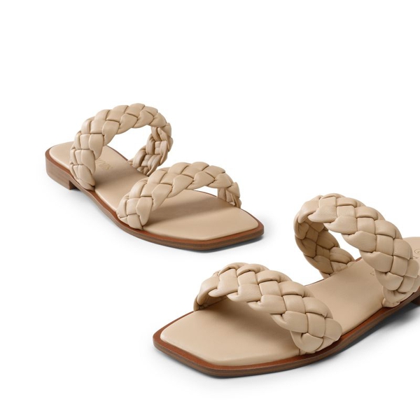 Two Straps Square Toe Braided Flat Sandals - NUDE - 4