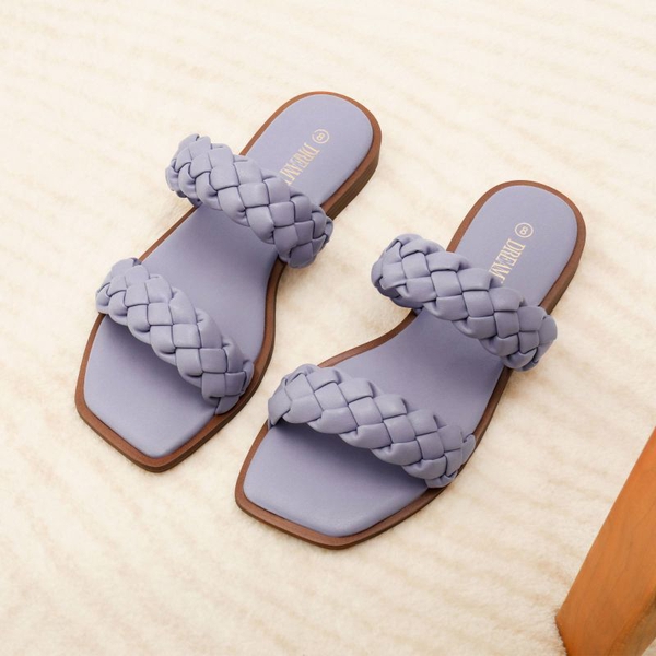 Two Straps Square Toe Braided Flat Sandals - PURPLE - 5