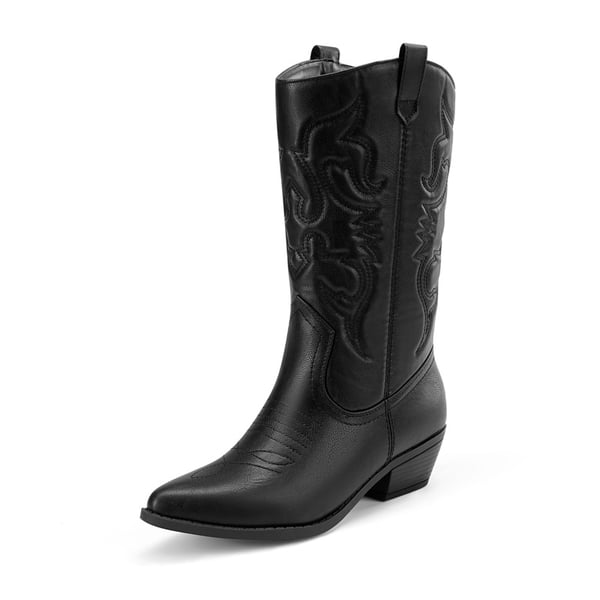 Mid Calf Western Cowboy Boots - BLACK -  0