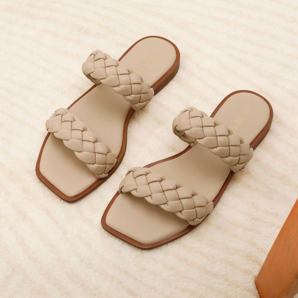 Two Straps Square Toe Braided Flat Sandals - NUDE - 5