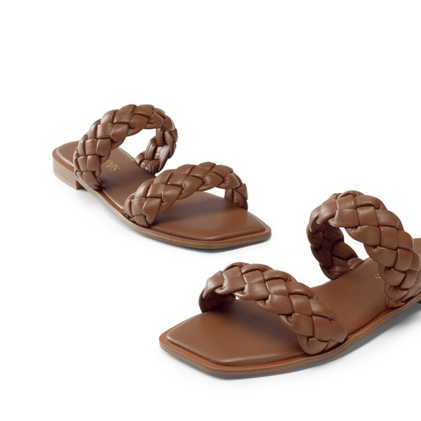 Two Straps Square Toe Braided Flat Sandals - BROWN - 4