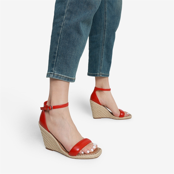 Espadrilles Square Toe Wedge Sandals - RED - 1