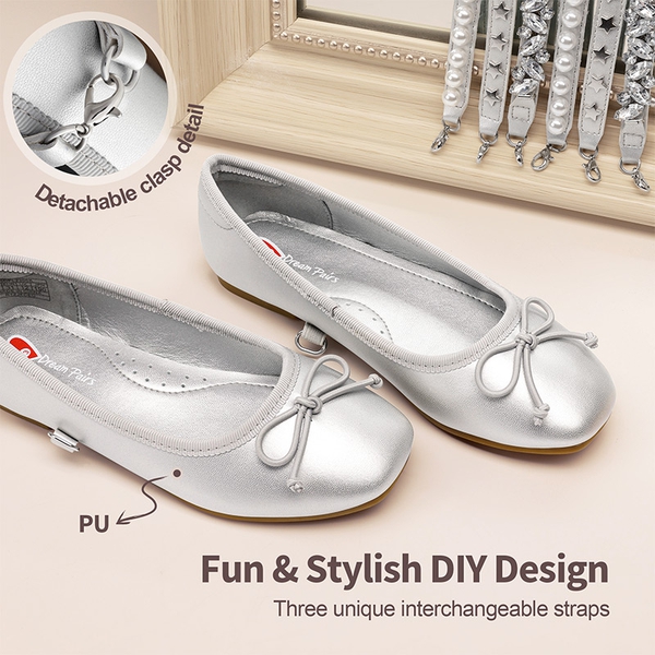 [Fun Mix- Dazzling] Girls DIY Interchangeable Straps Bow Ballet Flats - SILVER - 2