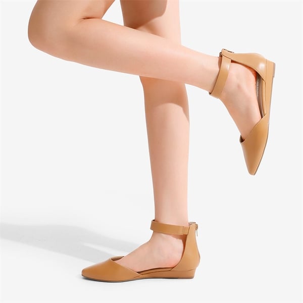 Ankle Strap Low Wedge Pumps - TAN - 1