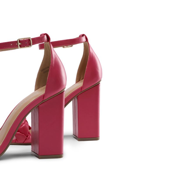 Braided Strap High Chunky Heel Sandals - HOT PINK - 5