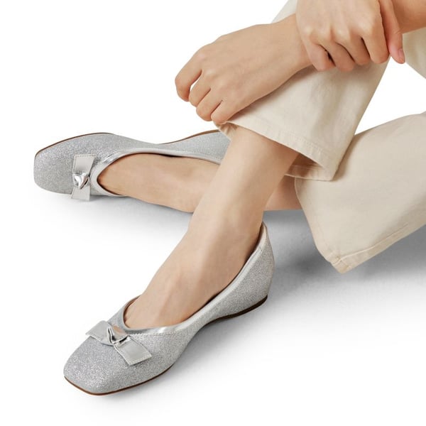 Square Toe Low Wedge Bow Flats - SILVER GLITTER - 1