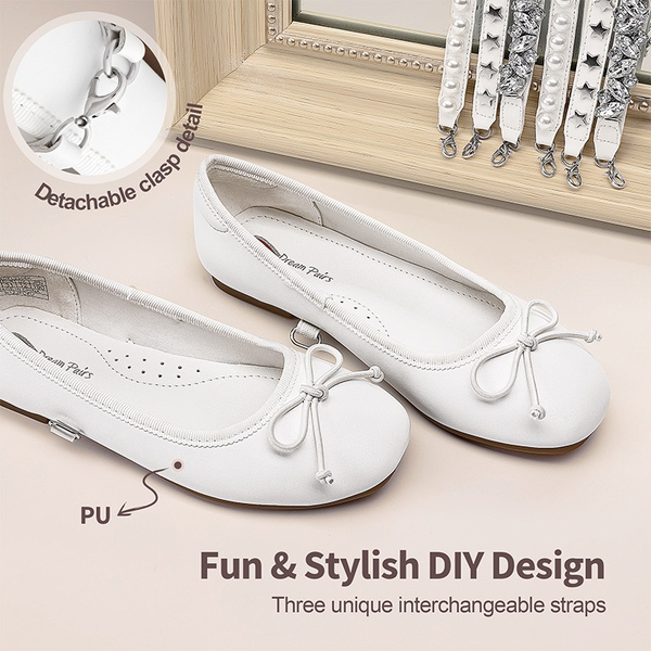 [Fun Mix- Dazzling] Girls DIY Interchangeable Straps Bow Ballet Flats - WHITE - 2