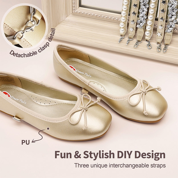 [Fun Mix- Dazzling] Girls DIY Interchangeable Straps Bow Ballet Flats - GOLD - 2