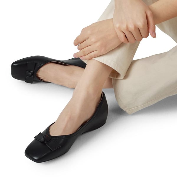 Square Toe Low Wedge Bow Flats - BLACK - 1