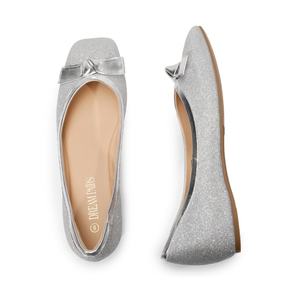 Square Toe Low Wedge Bow Flats - SILVER GLITTER - 3