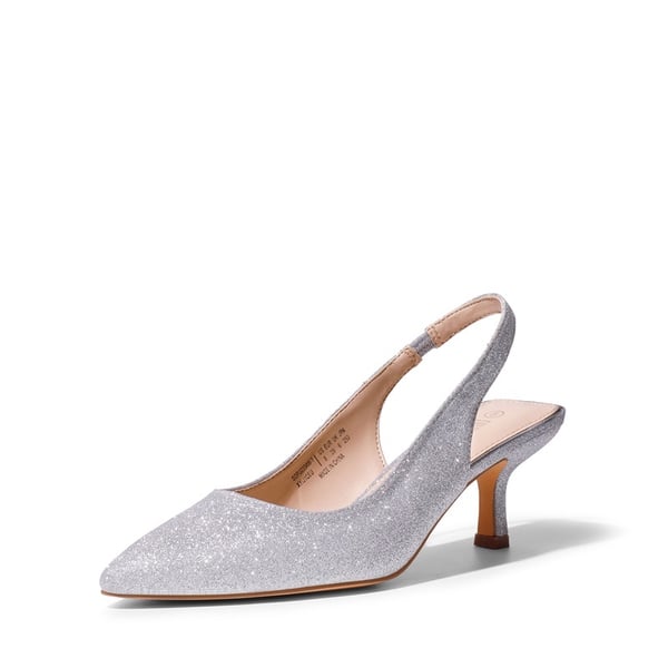 Pointed Toe Slingback Kitten Heel Pumps - SILVER GLITTER -  0