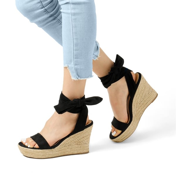 Espadrilles Ankle Tie Lace Up Platform Wedges - BLACK - 3