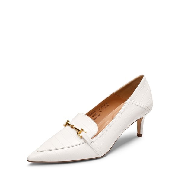 Horsebit Detail Pointed Toe Kitten Heel Pumps - WHITE STONE -  0