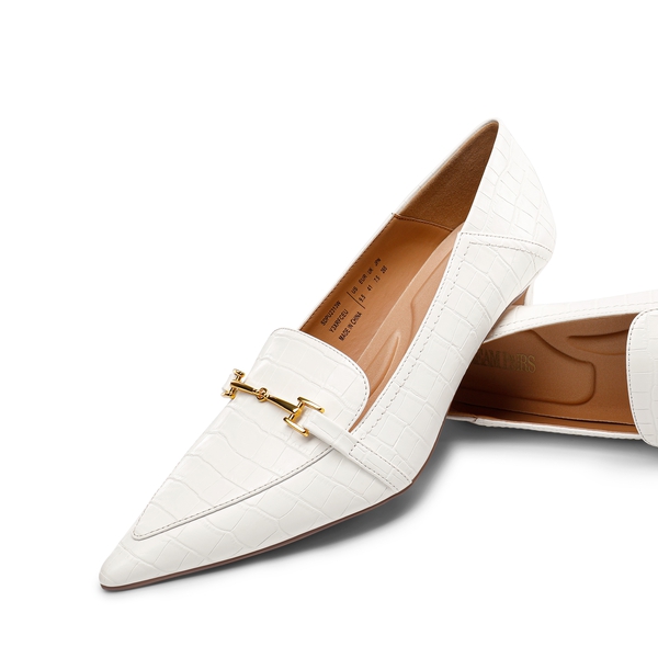 Horsebit Detail Pointed Toe Kitten Heel Pumps - WHITE STONE - 3
