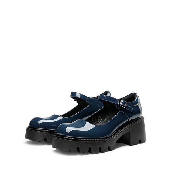 Platform Round Toe Ankle Strap Pumps - NAVY - 4
