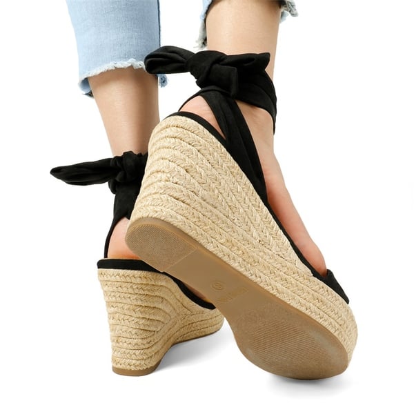 Espadrilles Ankle Tie Lace Up Platform Wedges - BLACK - 4